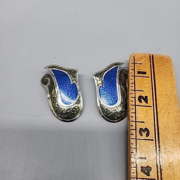 Vintage Metal Earrings Silver Blue Pierced 70s - Picture 3 of 4